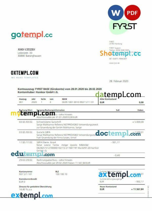 GERMANY FYRST bank statement 3 - 6 months Word and PDF example