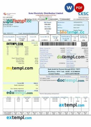 India Kota electricity utility bill Word and PDF template
