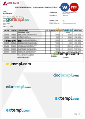 India Axis bank statement Word and PDF template,2 pages