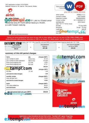 India Airtel telecommunication services utility bill template in Word and PDF format
