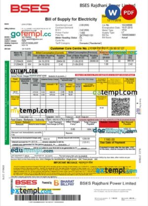 India Bses electricity utility bill Word and PDF template
