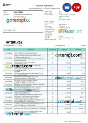 INDIA BANDHAN bank statement 3 - 6 months Word and PDF example