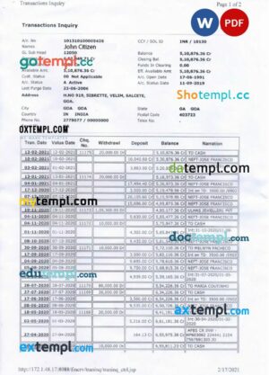INDIA BANK OF INDIA bank statement 3 - 6 months Word and PDF example