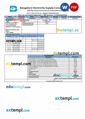 India Bescom utility bill download Word and PDF example