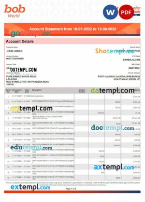 INDIA BOB BANK OF BORODA statement Word and PDF example