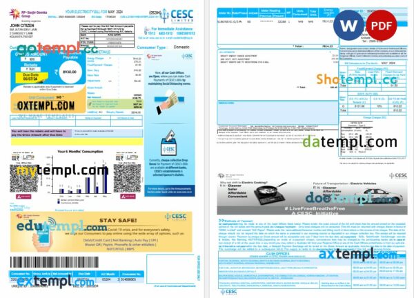 India CESC Limited utility bill Word and PDF template, 2 pages