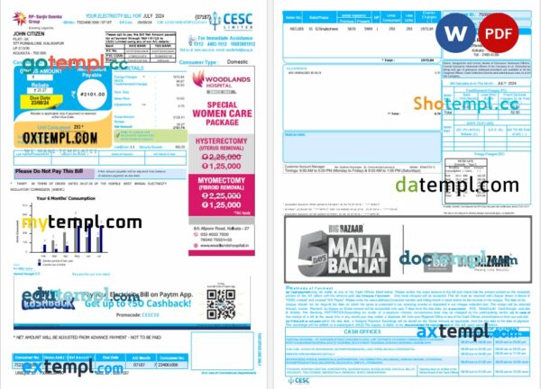 India CESC Limited utility bill Word and PDF template, version 2, 2 pages