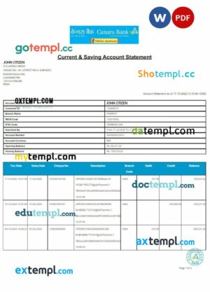INDIA CANARA bank statement 3 - 6 months Word and PDF example, version 3