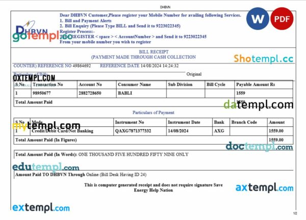 India DHBVN utility bill download Word and PDF example