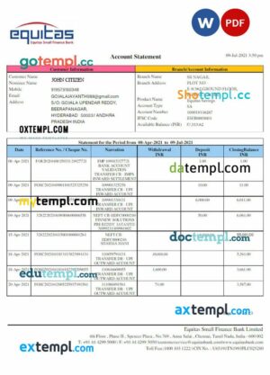 INDIA EQUITAS bank statement 3 - 6 months Word and PDF example