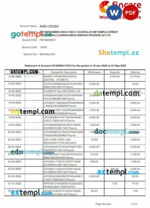 INDIA FINCARE bank statement 3 - 6 months Word and PDF example, version 2