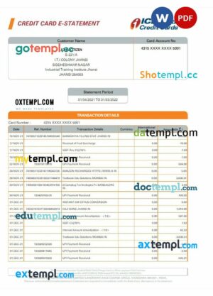 INDIA ICICI credit card statement Word and PDF example, version 2