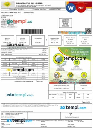 India IGL utility bill download Word and PDF example