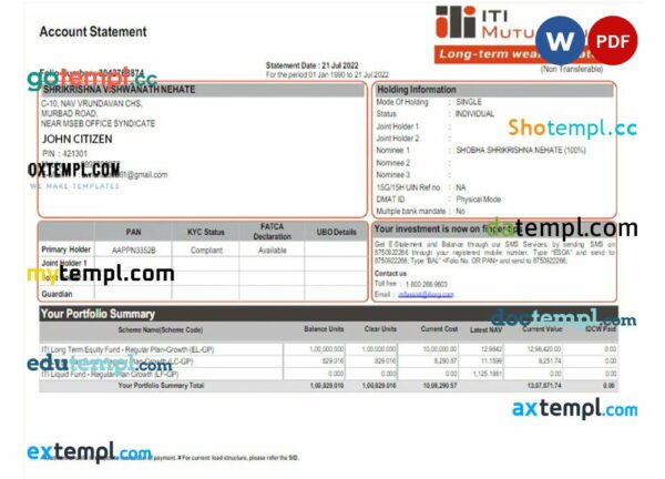 INDIA ITI mutual fund statement Word and PDF example