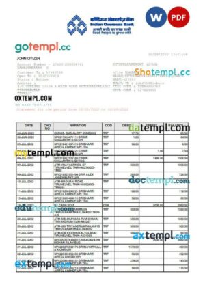 INDIA INDIAN OVERSEAS bank statement 3 - 6 months Word and PDF example