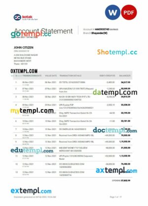INDIA KOTAK bank statement 3 - 6 months Word and PDF example