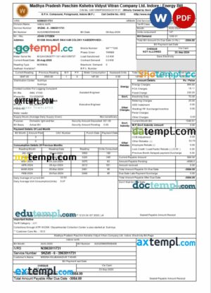 India MPWZ utility bill download Word and PDF example