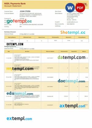 INDIA NSDL bank statement 3 - 6 months Word and PDF example