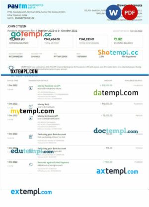 INDIA PAYTM PAYMENTS bank statement 3 - 6 months Word and PDF example