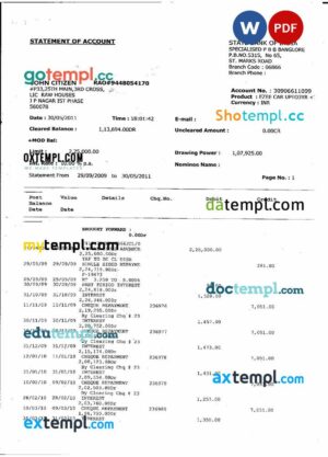 INDIA STATE BANK OF INDIA bank statement 3 - 6 months Word and PDF example, version 3