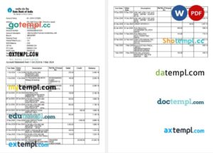 India State bank statement Word and PDF template, 2 pages