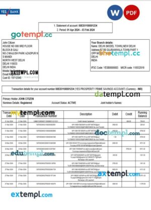 India Yes Bank bank statement Wor and PDF template