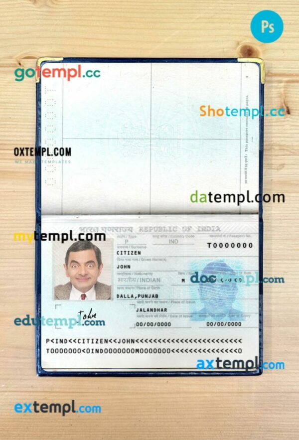 India passport editable PSD files, scan and photo look templates, 2 in 1, 2 pages