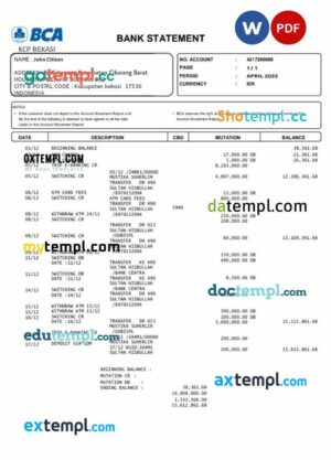 INDONESIA BCA bank statement 3 - 6 months Word and PDF example