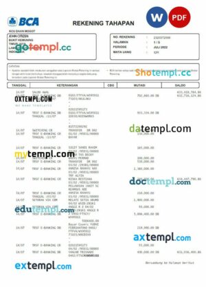 INDONESIA BCA bank statement 3 - 6 months Word and PDF example, version 2