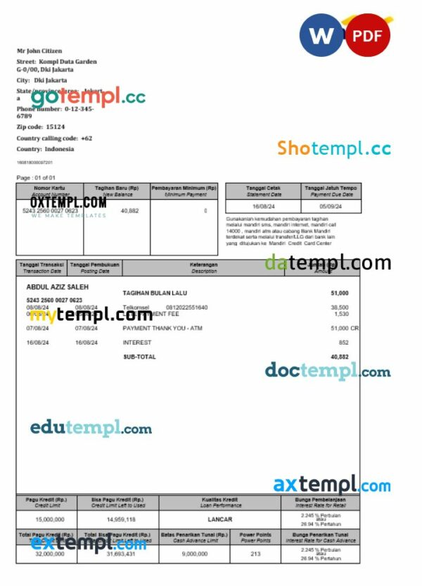 Indonesia Mandiri bank statement Word and PDF template