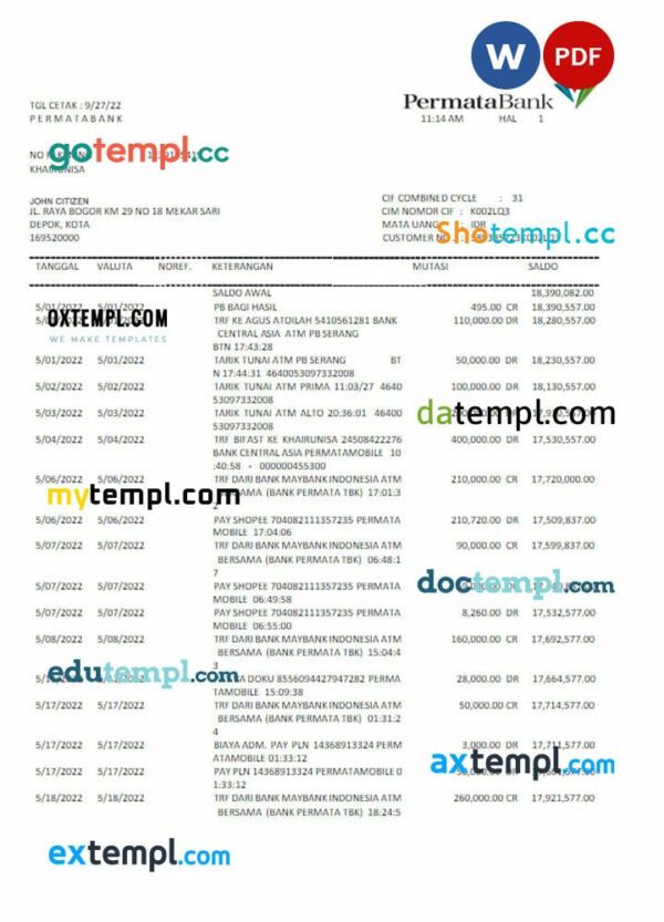 INDONESIA PERMATABANK statement Word and PDF example