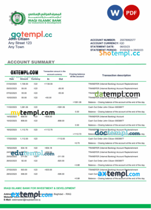 Iraqi Islamic Bank For Investment & Development bank statement 3 - 6 months Word and PDF example