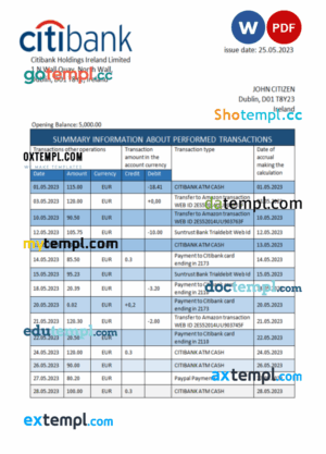 Irish Citibank bank statement 3 - 6 months Word and PDF example