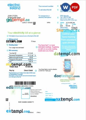 Ireland Electric Ireland utility bill download Word and PDF example