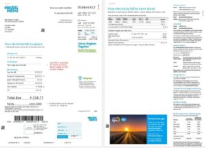 Ireland Electric Ireland utility bill template in Word and PDF format, 2 pages