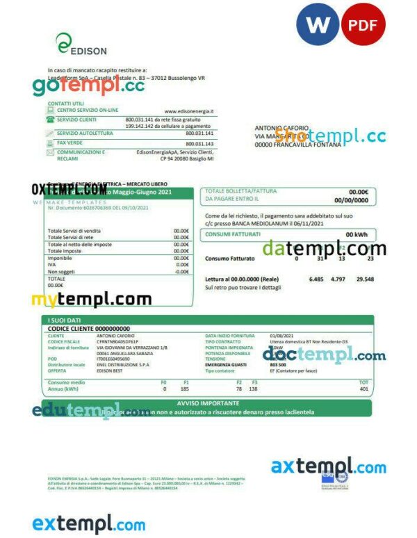 Italy Edison utility bill template in Word and PDF format, good for address prove