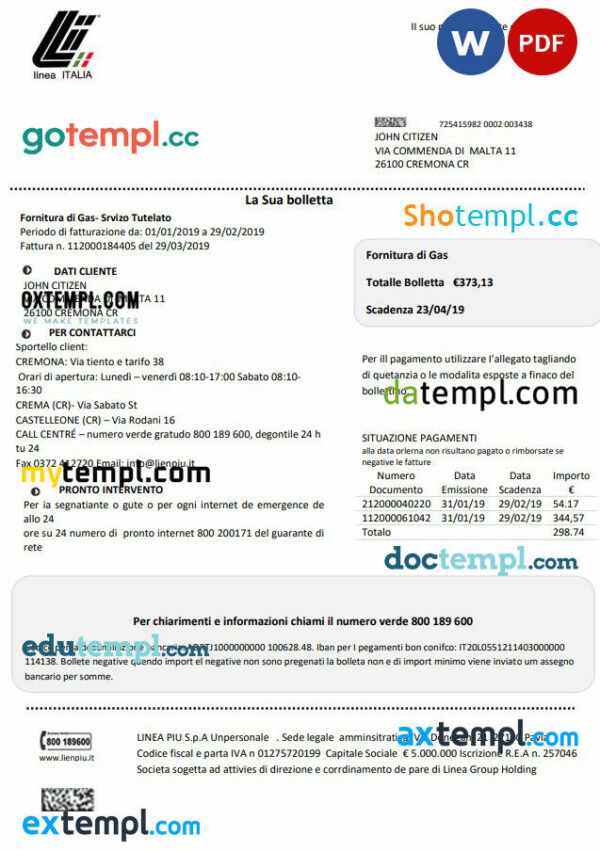 Italy Linea Italia utility bill template in Word and PDF format