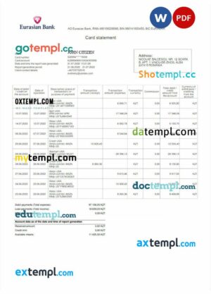 KAZAKHSTAN EURASIAN bank statement 3 - 6 months Word and PDF example
