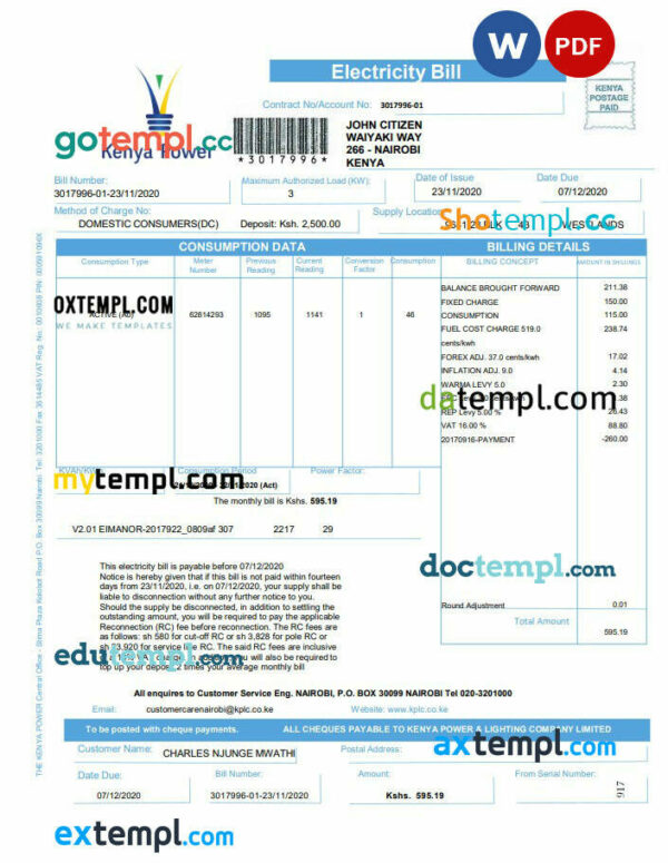 Kenya Power utility bill template in Word and PDF format