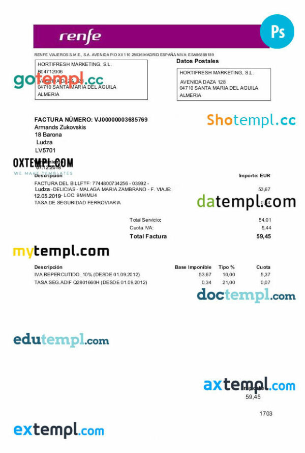 Latvia Renfe utility bill template, fully editable in PSD format