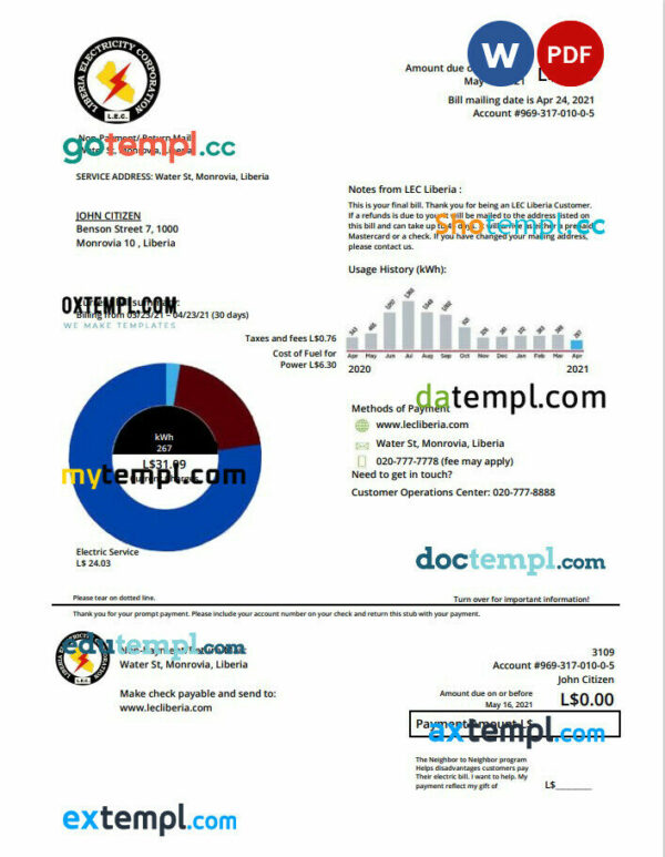 Liberia Electricity Corporation utility bill template in Word and PDF format