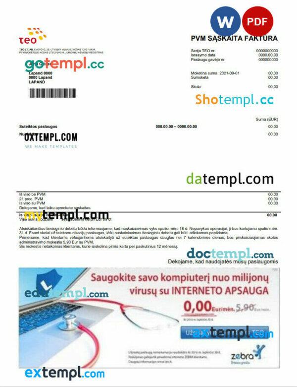 Lithuania Teo utility bill template in Word and PDF format (.doc and .pdf)