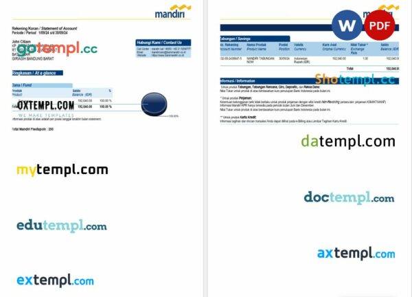 Malaysia Koran-Mandiri bank statement Word and PDF template, 4 pages, version 2