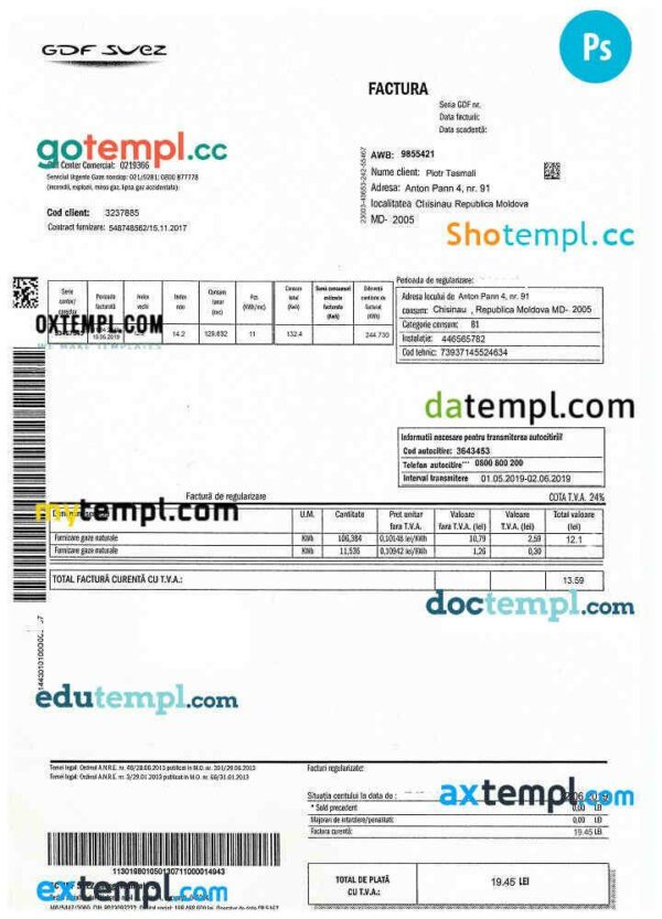 Moldova Gas utility bill template, fully editable in PSD format