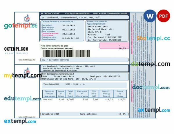 Moldova Moldovagaz utility bill template in Word and PDF format