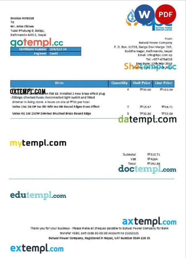 Nepal Butwal Power Company Limited electricity utility bill template in Word and PDF format