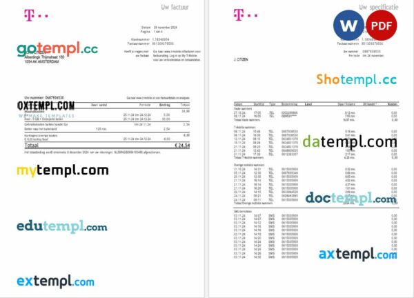 Netherlands T-Mobile utility bill Word and PDF template, 4 pages