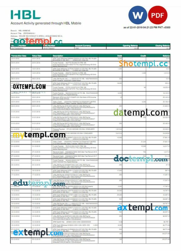 PAKISTAN HBL utility bill download Word and PDF example