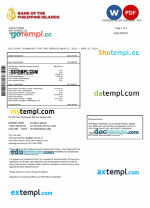 Filipino Bank of The Philippine Islands bank statement 3 - 6 months Word and PDF example, 2 pages