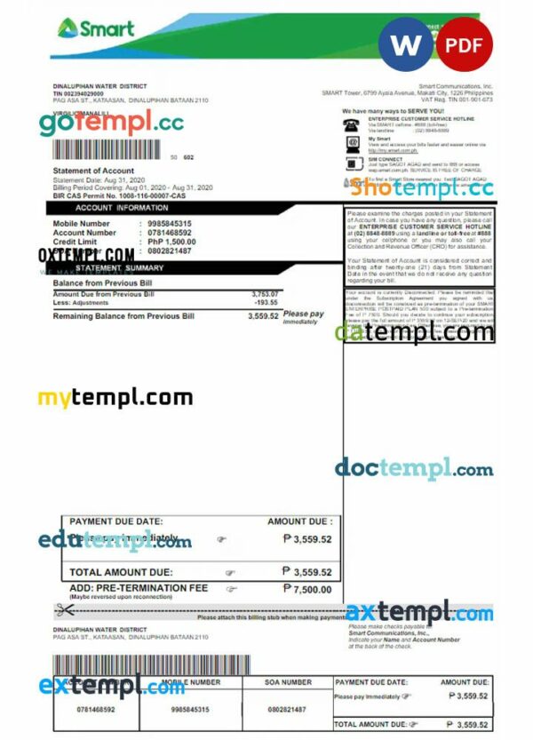 Philippines Smart utility bill download Word and PDF example